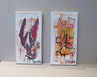 Lobster Original Drawing on Canvas / Acryl  orange red two artworks  7,87 x 3,93 inch