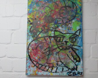 abstract crazy cat popart painting - unique expressive painting