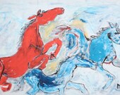 expressive red and blue horses xxl painting on canvas rolled in a tube 
