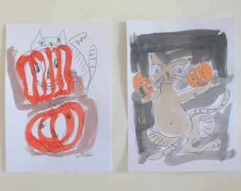 halloween cats with pumpkin - 2 Original Drawing - ink Gouache animal Aquarell 8,2x5,5 inch