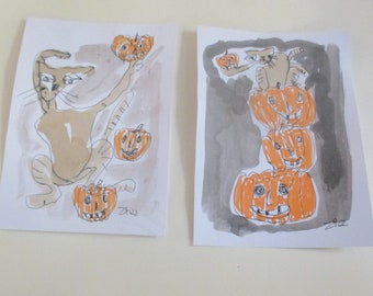 halloween cats with pumpkin - 2 Original Drawing - ink Gouache animal Aquarell 8,2x5,5 inch