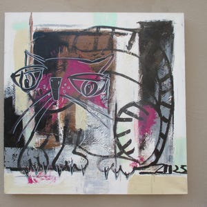 Chat avec peinture acrylique rose sur toile 70 x 70 cm