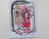 faces - Original Drawing free shiping - ink Gouache Aquarell sand rose 8,2x5,5 inch