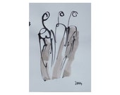 ladies - Original Drawing free shiping - ink Gouache animal Aquarell brown black white 8,2x5,5 inch