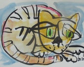 expressive colored cat - Original Drawing with colored Ink and Bambu-Stick - free shiping 11,81 x 8,27 inc pink gold landscape