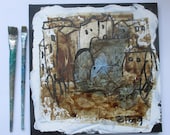 little town mixedmedia collage with coffee and acryl Canvas / Drawing
