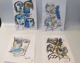 blaue Portraits - Original expressive 4 originale Zeichnung Tusche Gouache  Aquarell je 21x14