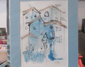 expressive little italian town Original Drawing with colored Ink and Bambu-Stick - 11,81 x 8,27 inch blue gold landscape