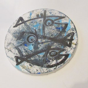 crazy fishes Original Drawing on round Canvas / art acryl free inch 5,91x5,91x0,79 image 4