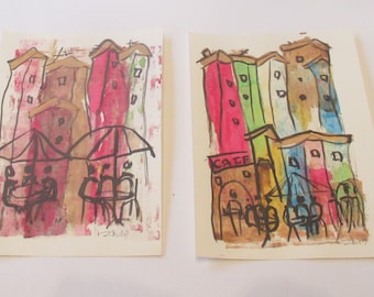 2 Italian Cityscenes Original Drawing with colored Ink and Bambu-Stick - 2 x 11,81 x 8,27 inc pink gold landscape