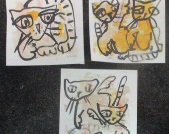 3 gelbe Katzen expressive Original Zeichnung auf Papier Tusche - 3 x 20x20 cm