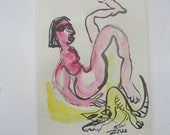 astract figur - Original Drawing with colored Ink and Bambu-Stick - free shiping 11,81 x 8,27 inc pink gold landscape