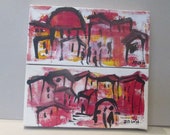 2 kleine Landschaften Italien Original-Zeichnung Acryl / Leinwand  pink rot  gelb  2 x 20x10x2cm