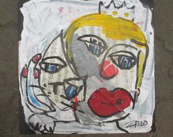 prinzess with cat / black Canvas / Drawing 15,74 x 15,74 inch