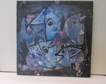 Fishes Original-Drawing on Collage / Canvas free shiping - inch 5,91x5,91x0,79