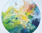 abstraktes Rundes Malerei Original Zeichnung Oel und  Acryl auf  runder Leinwand  gespannt  90 cm Frühling