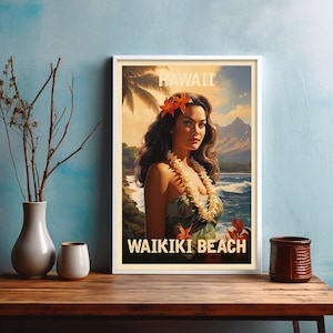 May include: A framed vintage travel poster with the words "HAWAII" and "WAIKIKI BEACH". It depicts a woman wearing a flower and lei, set against a beach scene with palm trees and mountains in the background.