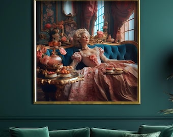 Puede incluir: Una mujer con un vestido rosa y una peluca blanca se sienta en un sofá de terciopelo azul en una habitación ricamente decorada. Está rodeada de pasteles y flores. La habitación tiene detalles dorados y una gran ventana con cortinas rojas.