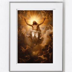 May include: A framed religious art print depicting a figure with outstretched arms ascending into a bright, golden light. The artwork features a central figure surrounded by clouds and other figures, with a warm color palette.