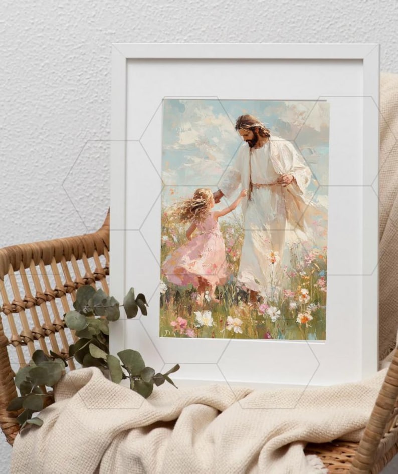 May include: A framed art print depicts a figure in white robes holding the hand of a young girl in a pink dress. They stand in a field of colorful wildflowers under a cloudy sky. The artwork is displayed in a white frame.