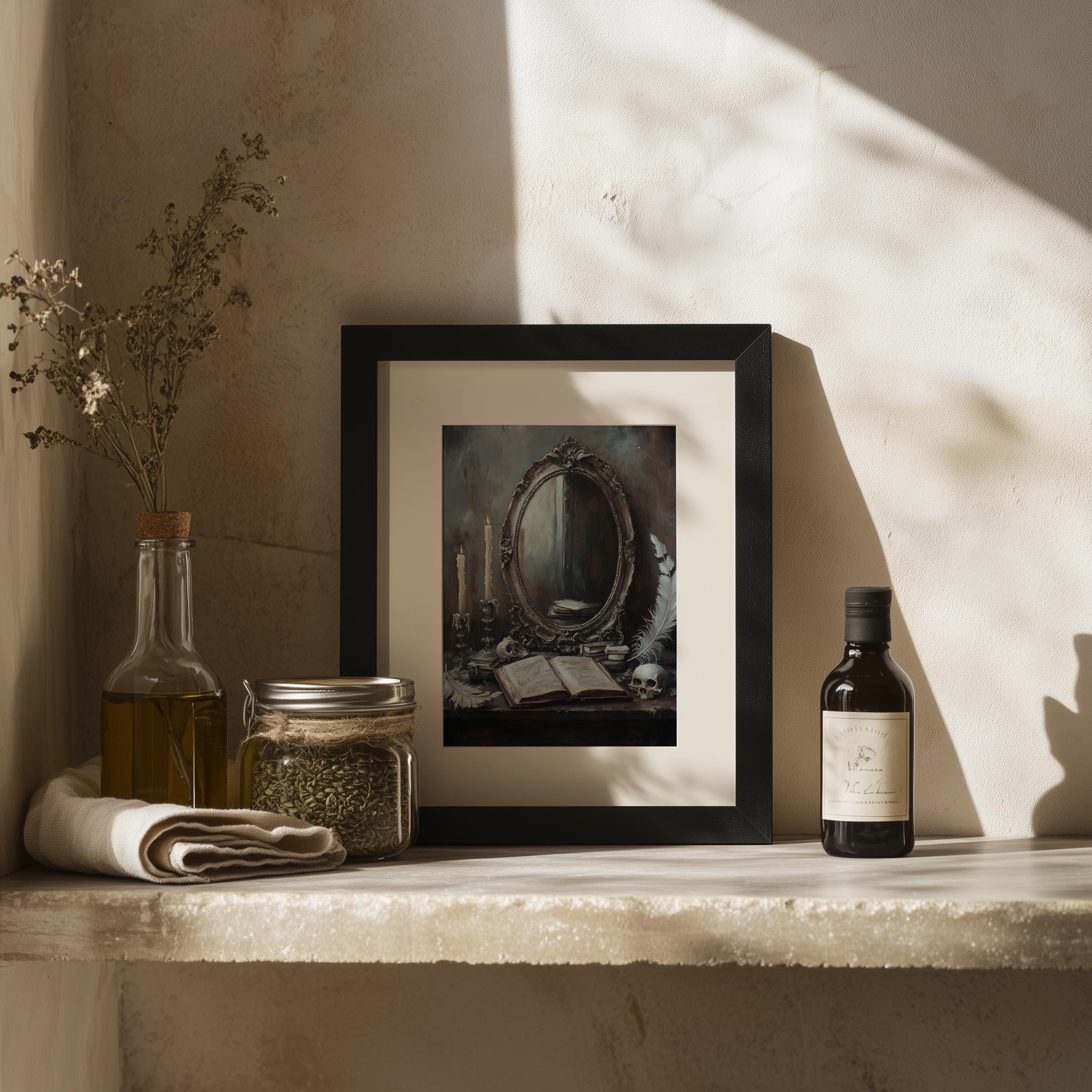 Vintage Mirror Oil Painting Print – Skull & Book Still Life