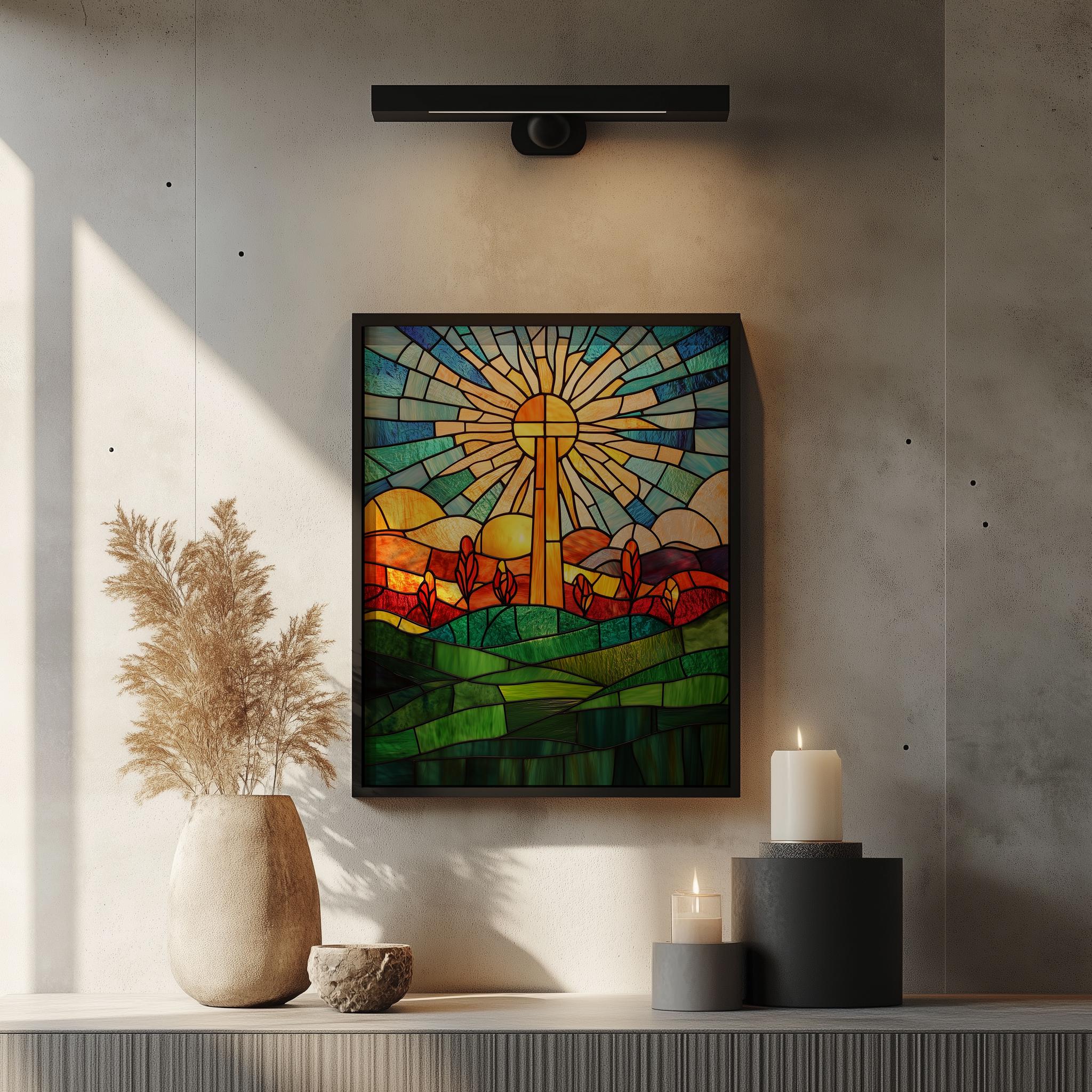 Vibrant Stained Glass Church Window - Golden Cross Design, Printable ...