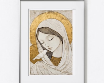 Lámina de la Virgen María con diseño lineal – Decoración religiosa minimalista (Impresión digital)