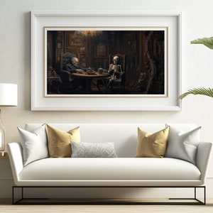Dark Cottagecore Print: Skeleton Tea Party, Moody Victorian Art (Digital Download)