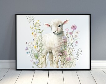 Easter Lamb Watercolor Print: Vintage Cottagecore Wall Art (Digital Download)