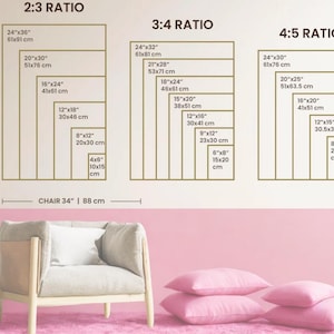 May include: Image showing various rectangular art print sizes in 2:3, 3:4, and 4:5 ratios, with measurements in inches and centimeters. A beige chair, 34 inches (88 cm) wide, and pink pillows are in the foreground.