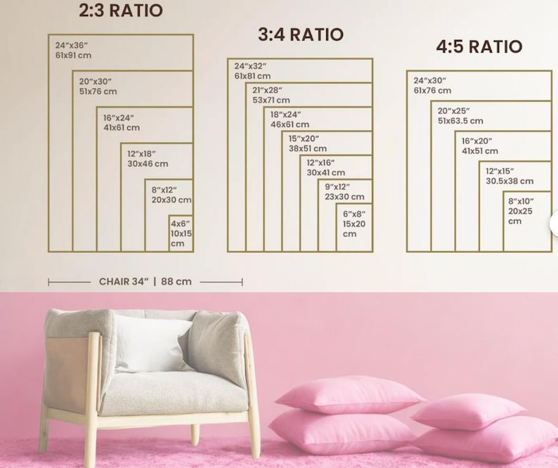 May include: Image showing various rectangular art print sizes in 2:3, 3:4, and 4:5 ratios, with measurements in inches and centimeters. A beige chair, 34 inches (88 cm) wide, and pink pillows are in the foreground.