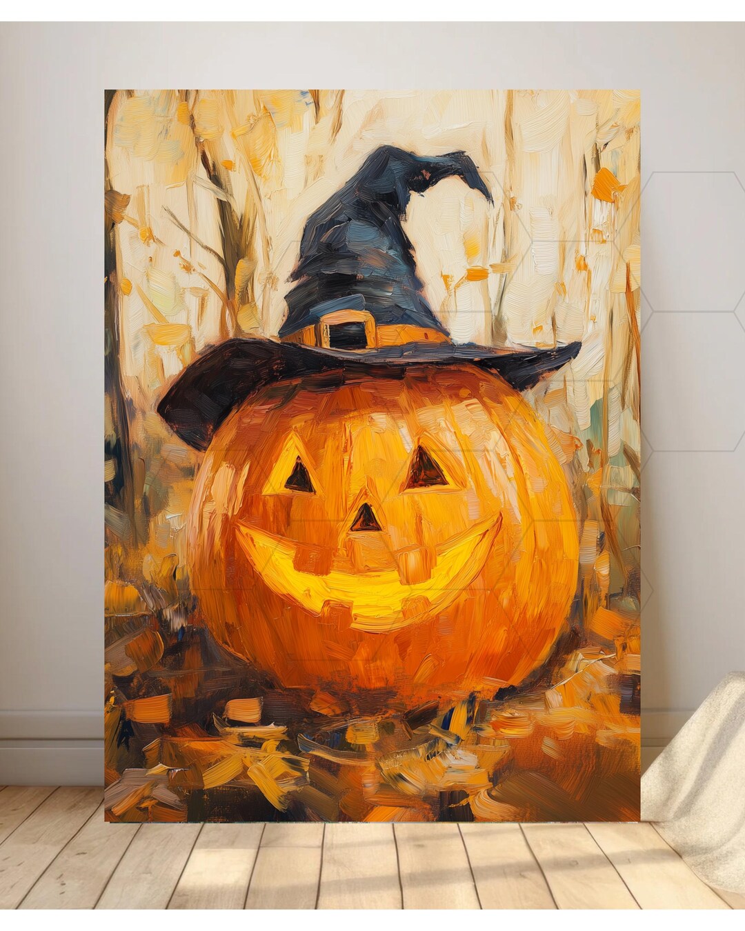 素朴な秋のカボチャの絵画 - 印刷可能なハロウィーンの壁アート、魔女