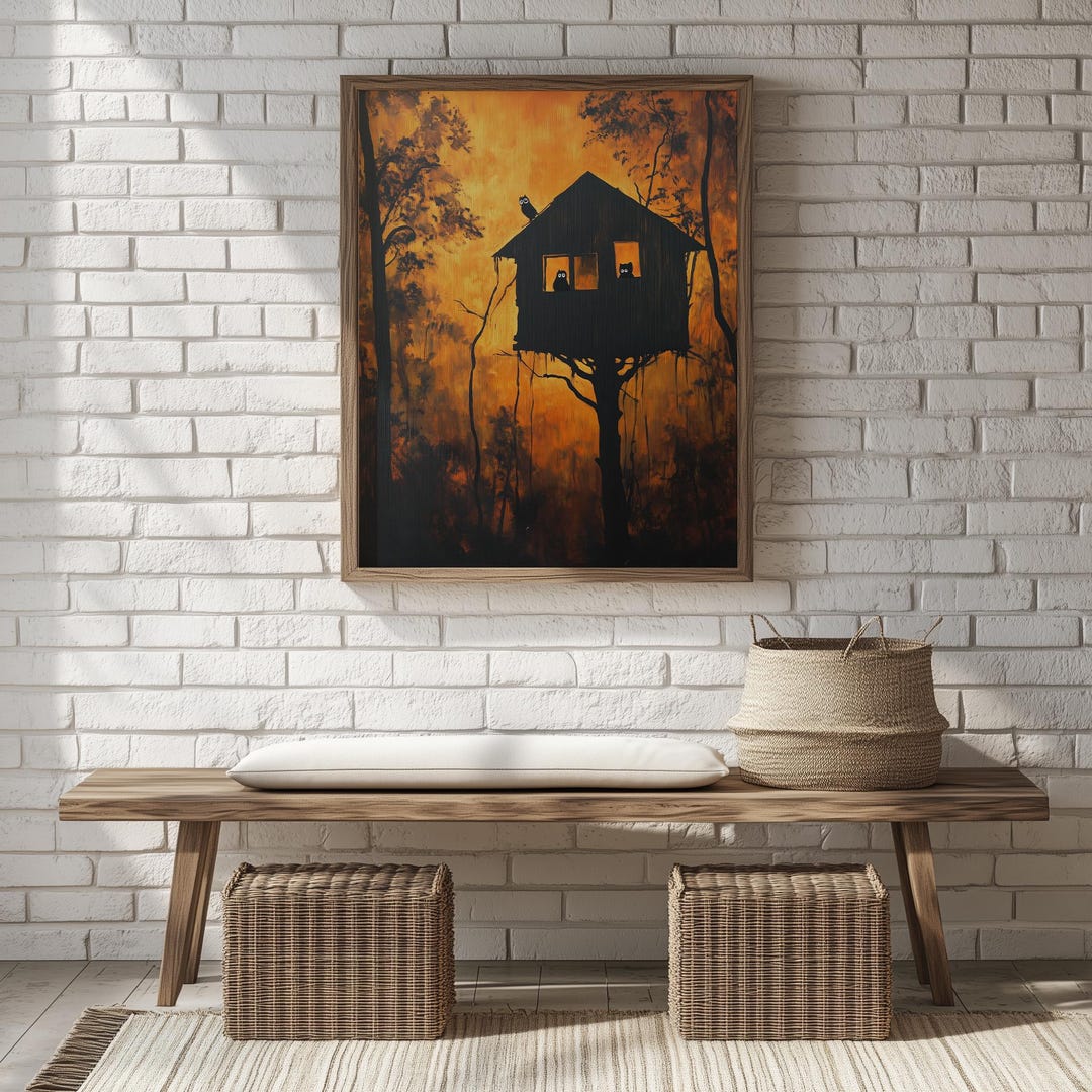 Treehouse Print Autumn Treehouse Painting - Printable Rustic Wall Art, Moody Forest ...