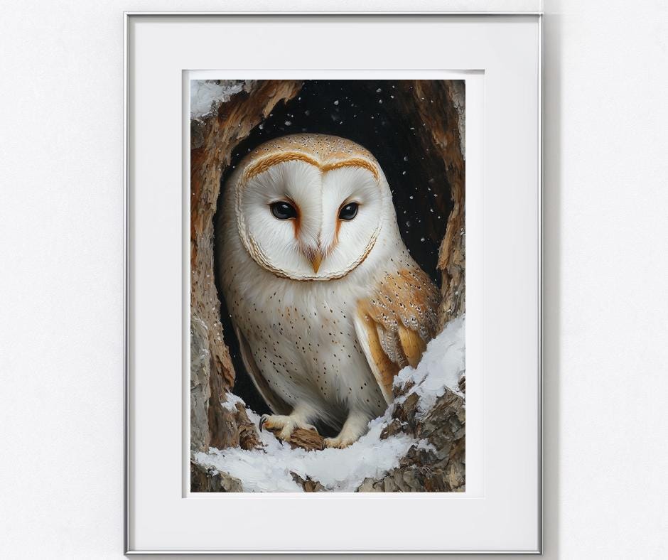 Rustic Barn Owl in Snowy Hollow Painting - Moody Winter Woodland Printable Art, Realistic Woodland D