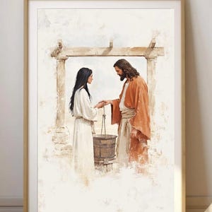 Jesus and Samaritan Woman Watercolor Print: Bible Verse Wall Art (Digital Download)