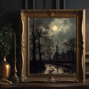 Pintura nocturna de mal humor / Impresión de pared de paisaje iluminado por la luna vintage / Arte antiguo de la oficina en el hogar / Pintura victoriana / Decoración de la Academia oscura/ML003