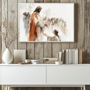 Jesus HEALED WOMAN | Inspirational Christian Wall Art | Faith-Based Home Decor | Digital Art Print | LDS Decor | Jesus Watercolor Artwork