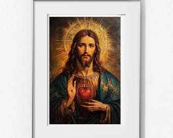 Sacred Heart of Jesus Print, Devotional Oil Painting Style, Catholic Home Altar Decor, Confirmation Gift, LDS Wall Art