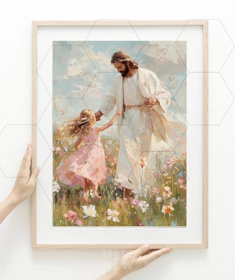 May include: A framed art print depicting a figure in white robes with a crown of thorns, extending a hand to a young girl in a pink dress. The scene is set in a field of wildflowers, with a soft, painterly style.