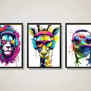 Neon Animal Gamer Prints: Watercolor Fox, Panda, Monkey (A4 Digital Download)