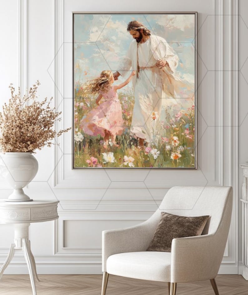 May include: A framed painting depicts a figure in white robes with a crown of thorns, holding hands with a young girl in a pink dress. The artwork is set in a field of wildflowers, with a soft, ethereal quality.