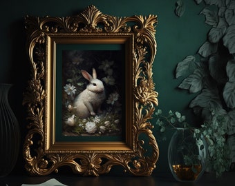 Easter White Rabbit Print |Cottage Core Wall Decor | Printable Wall Art | Easter Art Prints Vintage | Prints Neutral Wall Art |RAB002