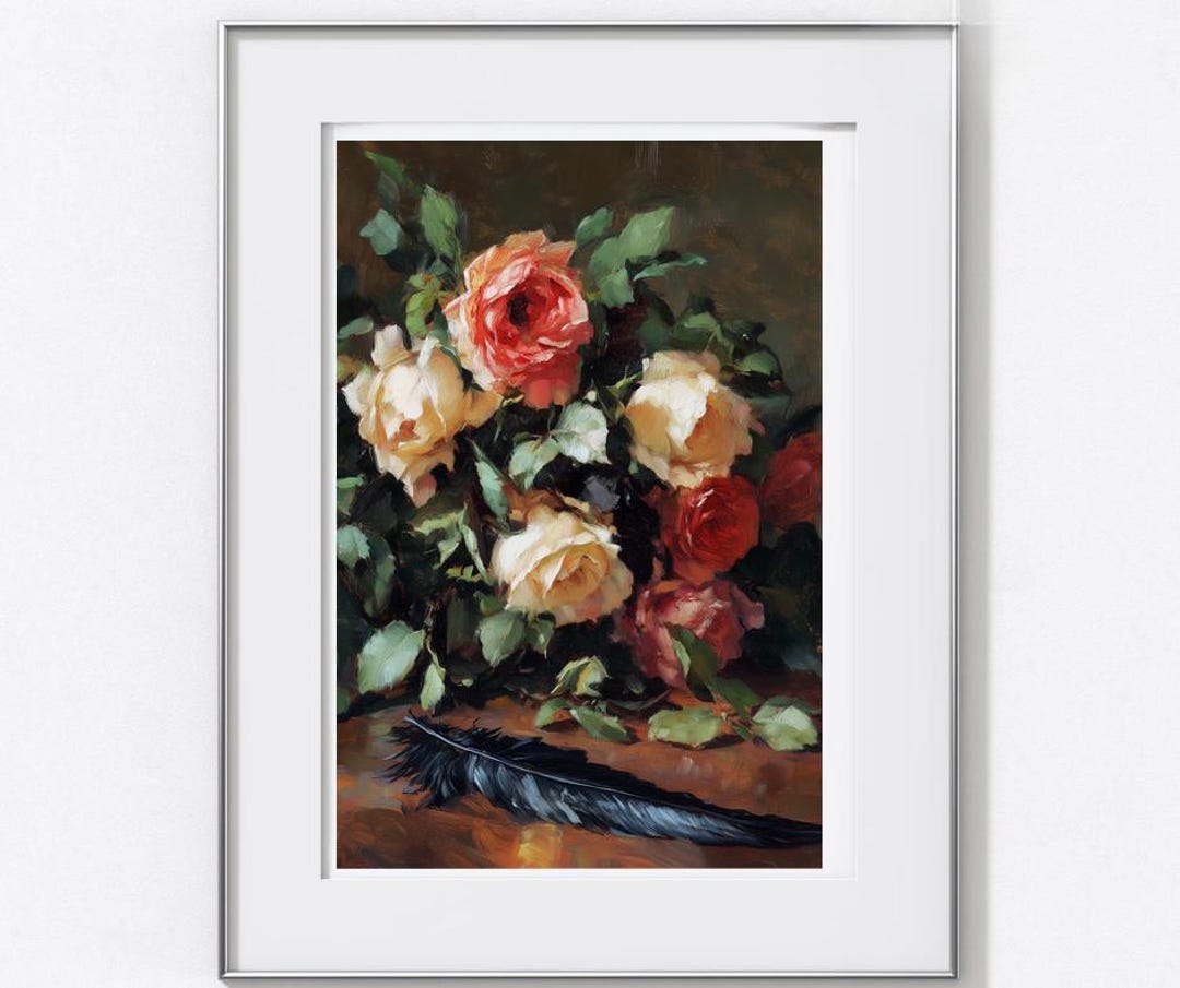 Antique Rose Bouquet Oil Painting - Vintage Floral Art, Rustic ...