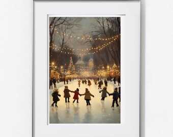 May include: A framed print of an ice skating scene at dusk. People are ice skating on a frozen pond, with a Christmas tree and string lights in the background. The artwork has a soft, painterly style, evoking a sense of winter festivity.