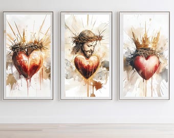 Impressões em aquarela dos Sagrados Corações: Jesus, Maria e José (download digital)