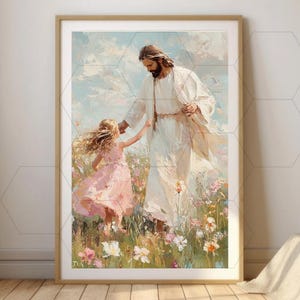 May include: A framed art print depicting a figure in white robes with a halo, holding hands with a young girl in a pink dress. They are in a field of wildflowers under a cloudy sky. The artwork has a soft, painterly style.