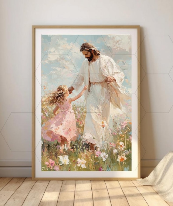 A Dance of Grace, Jesus and Girl Dancing, Little Girl LDS Art, Modern Christian Wall Art, Kids Bible Art Painting, Jesus with Children Print