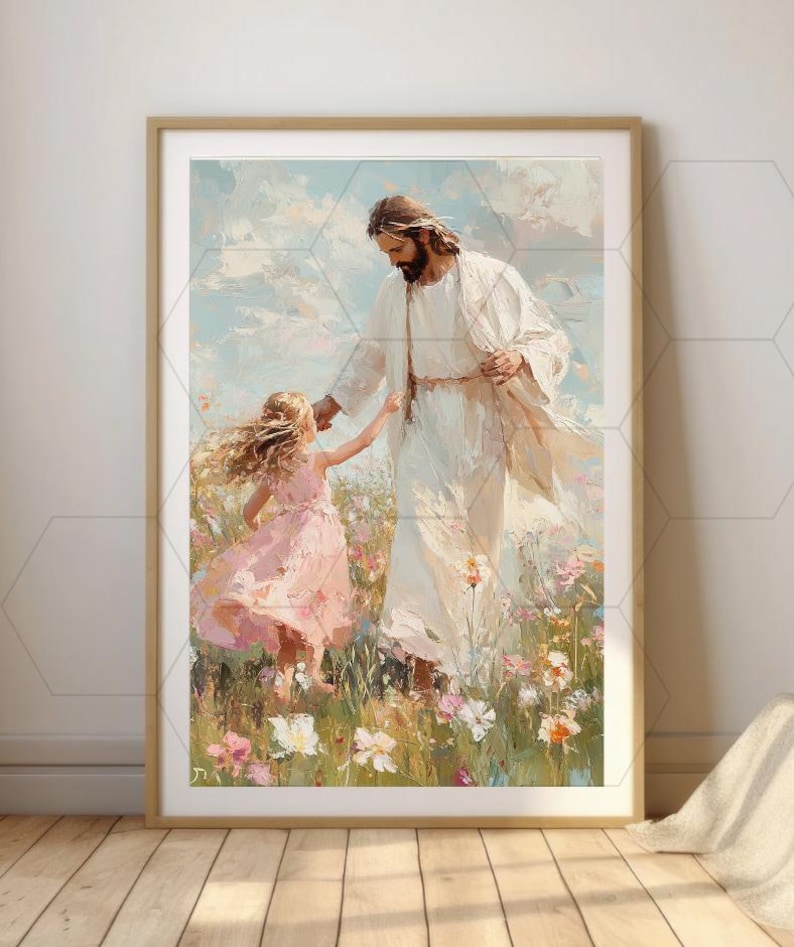 May include: A framed art print depicting a figure in white robes with a halo, holding hands with a young girl in a pink dress. They are in a field of wildflowers under a cloudy sky. The artwork has a soft, painterly style.