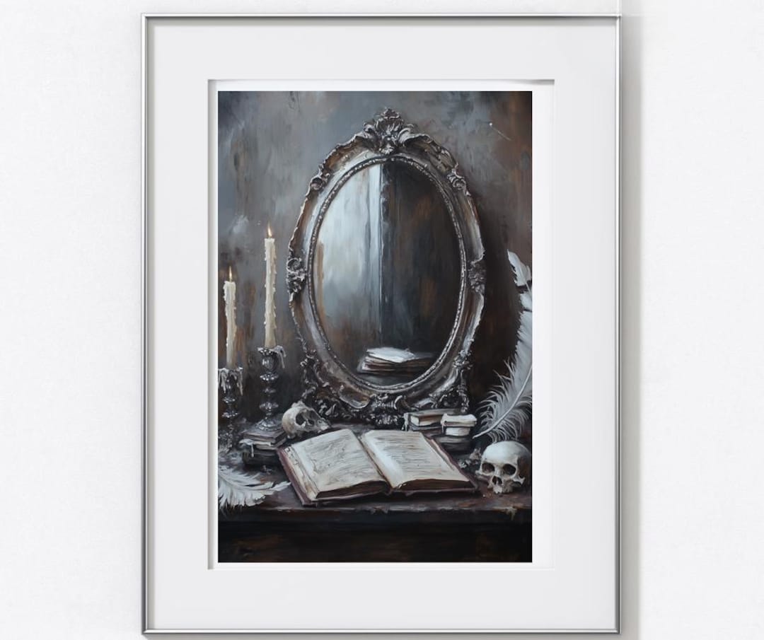 絵画 Mirror_Oil No.1 Vintage Mirror Oil Painting Print – Skull & Book Still Life