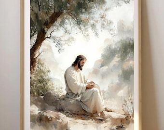 Jesus Praying in Gethsemane Print, Luke 22:42 Watercolour Art, Easter Christian Decor, Prayer Room Wall Art, LDS Art